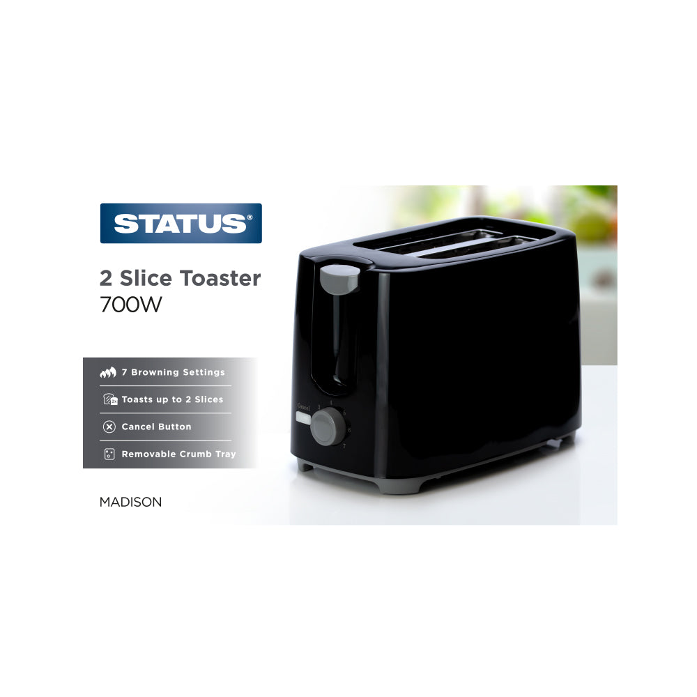 Madison - Toaster - 700w - 2 Slice - Black - Variable Browning Control - Removable Crumb Tray - Cancel Function - 1 pk - in Glossy Retail Box