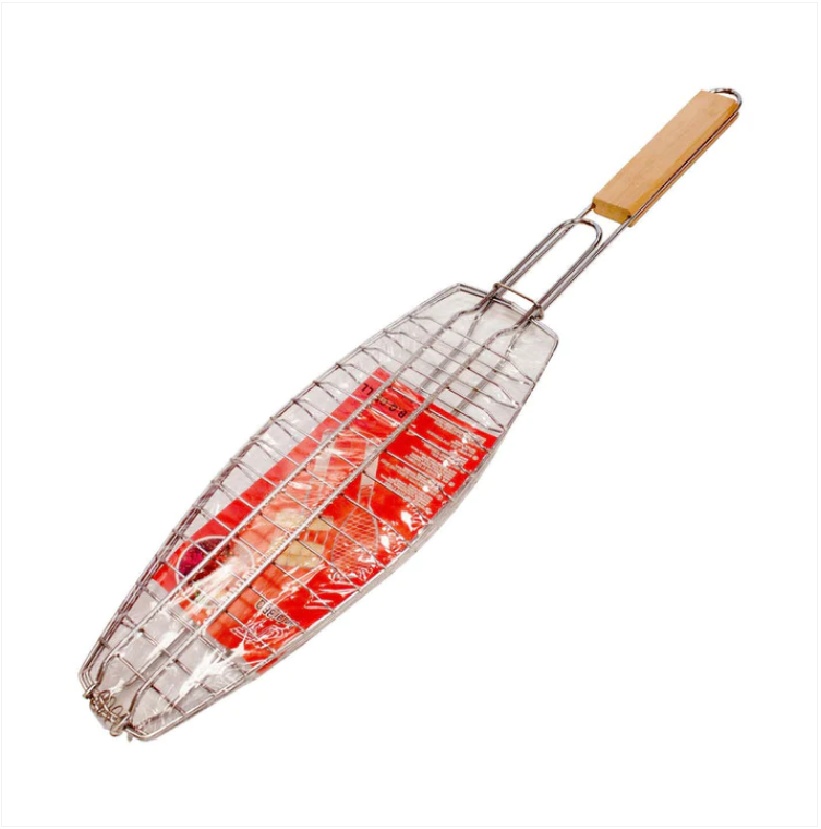 Metal BBQ Fish Grill with Orange Wooden Handle 35 cm