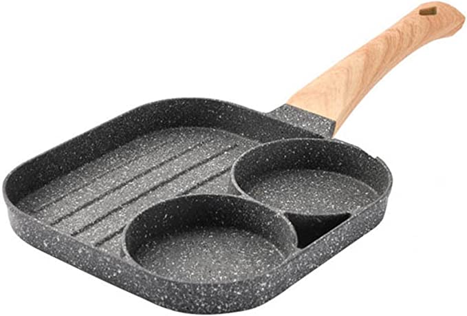 Metal Round Egg and Bacon Frying Pan Square 2 Eggs Wooden Handle