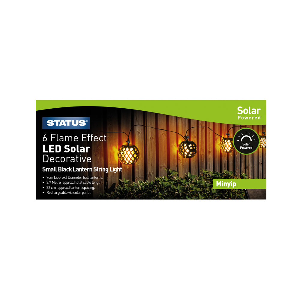 Minyip - 7cm - 6 LED per bulb - Solar - 6 x Lantern String Lights - Dancing Flame - 3.7m Black Cable - Rechargeable Battery Included - IP44 - 1 Pack Glossy Box