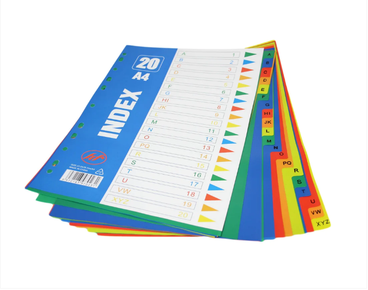 Multi Colour A4 Punched Index Sheets Subject File Filing Dividers 20 Pack