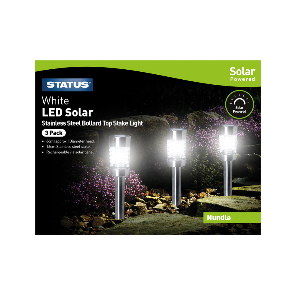 Nundle - 6cm - white LED - Solar - Bollard Top Stake Light - Stainless Steel - Rechargeable Battery Included - 3 pack Glossy Box