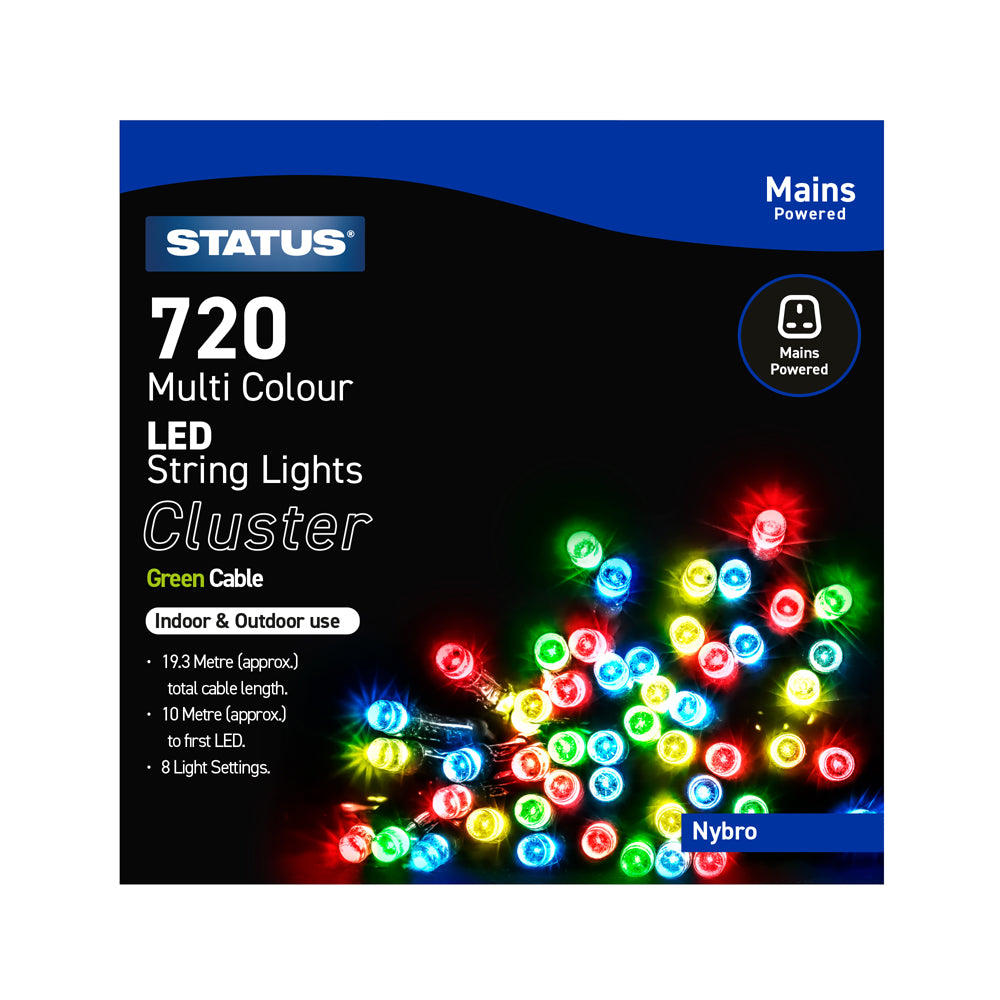 Nybro -720 - Multi Coloured - LED - Indoor/Outdoor - Mains Powered - Cluster Lights - 8 Functions - Green Cable - 10 Metre Total Cable Length - 9.3M Light Length - IP44 Rated- 1 Pack Glossy Box