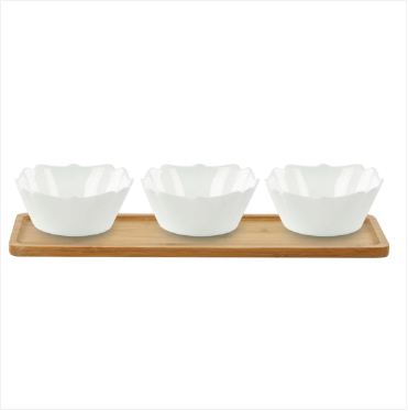 Opal High Quality Snack Bowl Set Silver Rim 4 Pcs Inc Tray 38cm x 12cm x 1cm