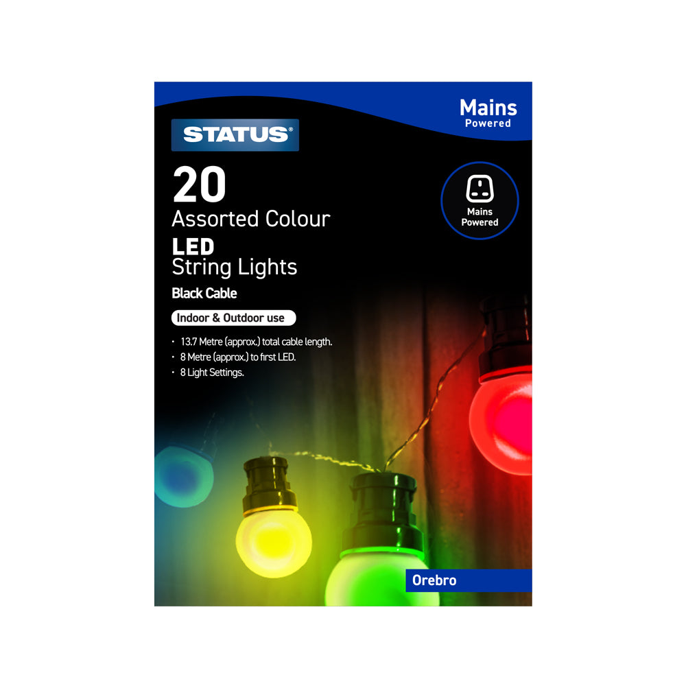 Orebro - 20 - LED - Assorted Colour - Indoor/Outdoor - Mains Powered - String Lights - 8 Function - Black Cable - 13.7 Metre Total Cable Length - 8 Metres To First LED Light - 1 Pack Glossy Box