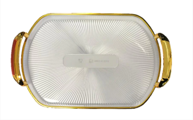 Oval Clear Plastic Serving Tray with Gold Rim and Handles 22 x 32 cm
