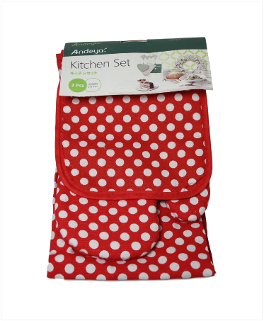 Oven Glove Apron Pan Holder Set of 3 Polka Dot Design Assorted Colours