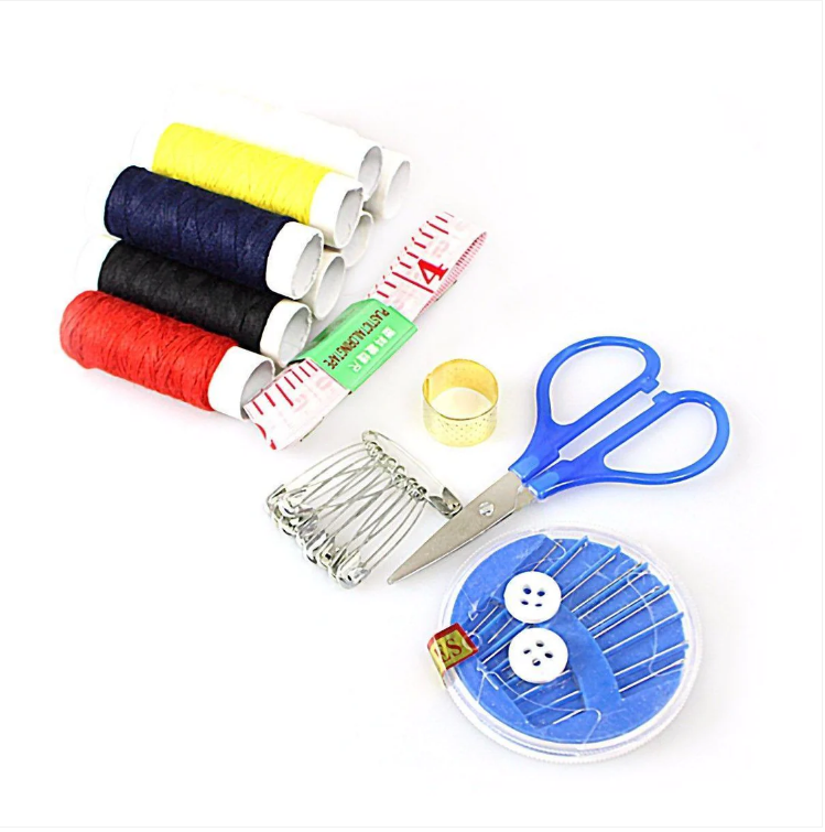 Pack Of Assorted Colour Cotton Reels With Needles Scissors Tape Safety Pins Buttons