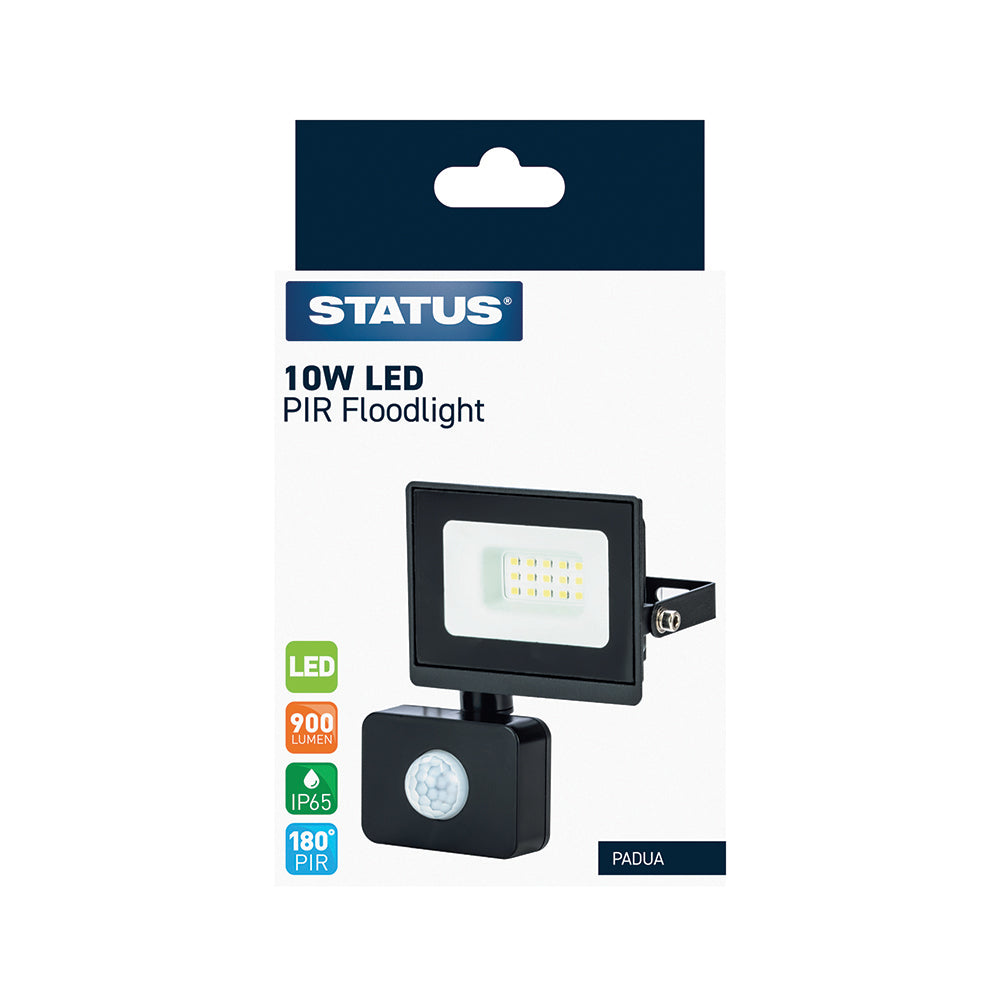 Padua - 10w LED - Black - Flood Light - with PIR - 1 pk - in Glossy Retail Box