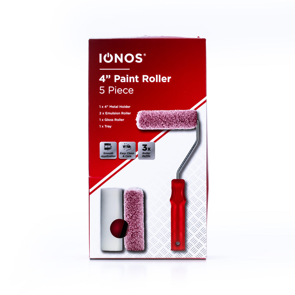 Paint Roller Tray 4" - 2 spare rollers - 5pc set - 1 x roller tray 1 x 5.8mm zinc plated metal holder 1 x 4"*35mm foam 2 x 4"*15mm spare roller - red handle - black tray - Ionos - 1 pk