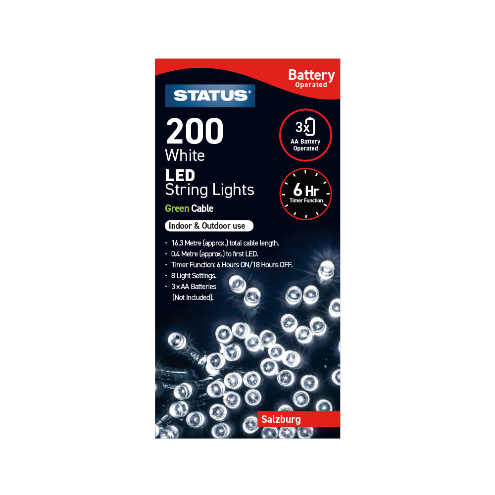 Salzburg - 200 - White - LED - Indoor/Outdoor - Battery Operated - String Lights - 8 Functions - 6 Hr Timer - Green Cable - 16 Metre Total Cable Length - 0.4 Metres To First LED Light - IP44 Rated - 3 x AA Batteries (Not Included) - 1 Pk Glossy Box