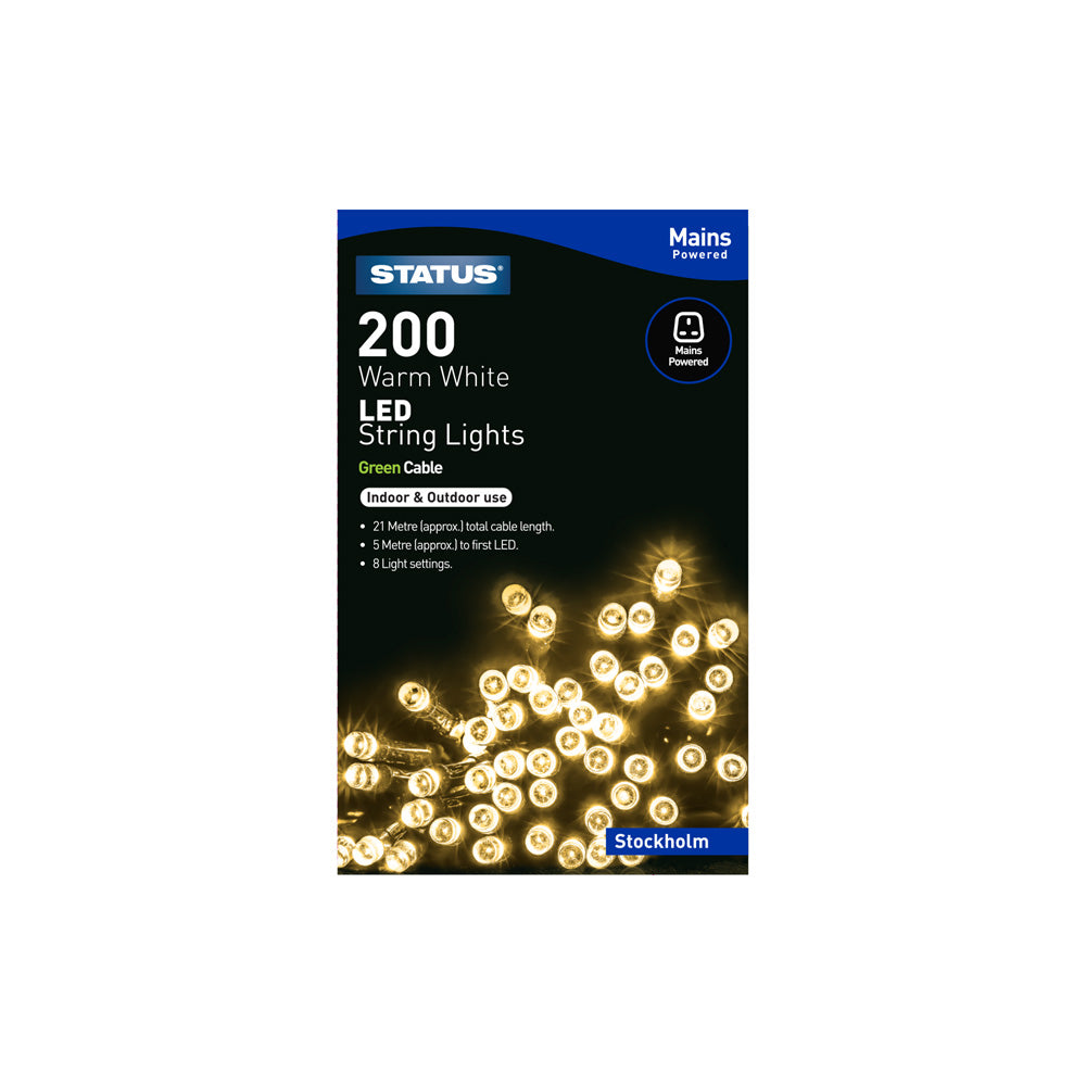 Stockholm - 200 - Warm White - LED - Indoor/Outdoor - Mains Powered - String Lights - 8 Functions - Green Cable -21 Metre Total Cable Length - 5 Metres To First LED Light - IP44 Rated (Light chain only) - 1 Pack Glossy Box