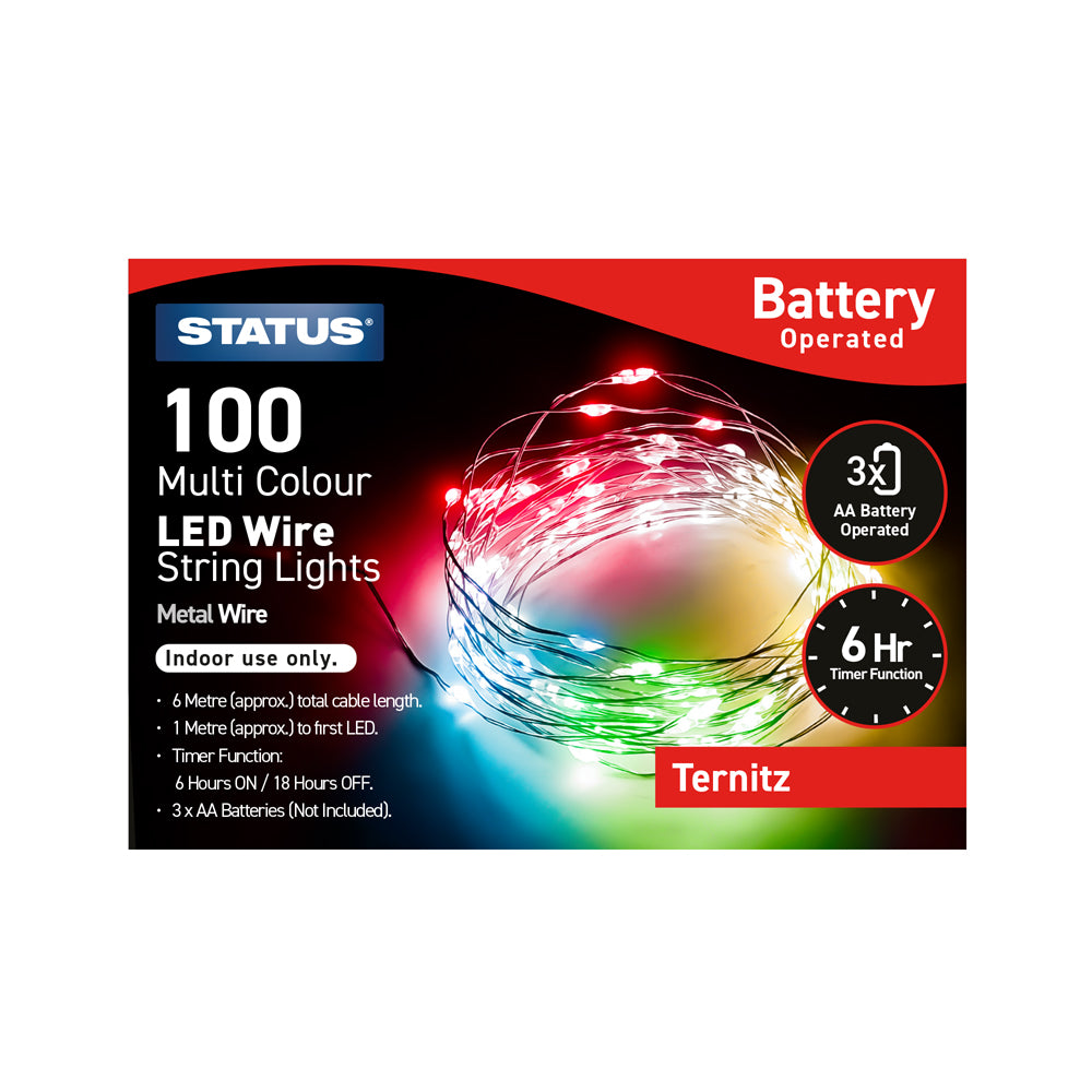 Ternitz - 100 - Multi Coloured - LED - Indoor Use - Battery Powered - Wire Lights - Silver Cable - 1M Lead Length - 5M Light Length - Timer - IP44 Rated - 1 pack Glossy Box