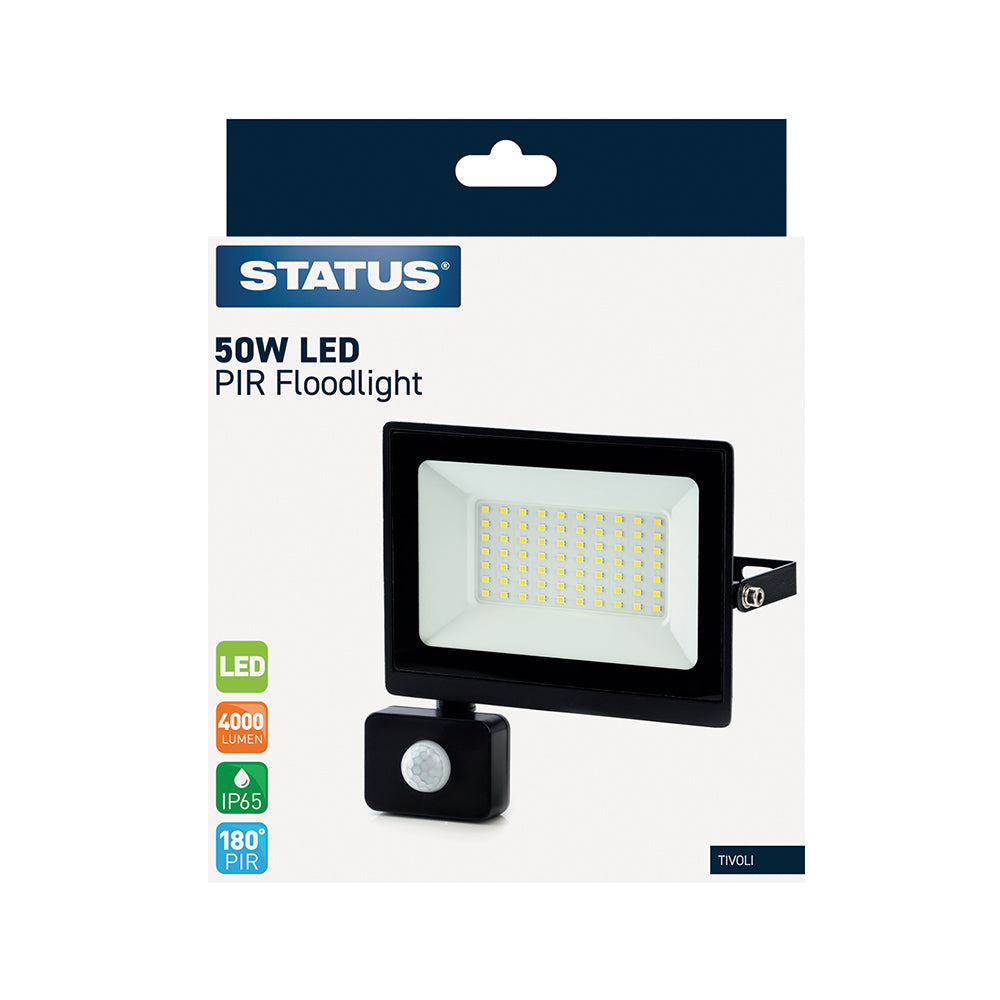 Tivoli - 50w LED - Black - Flood Light with PIR - 1 pk - in Glossy Retail Box