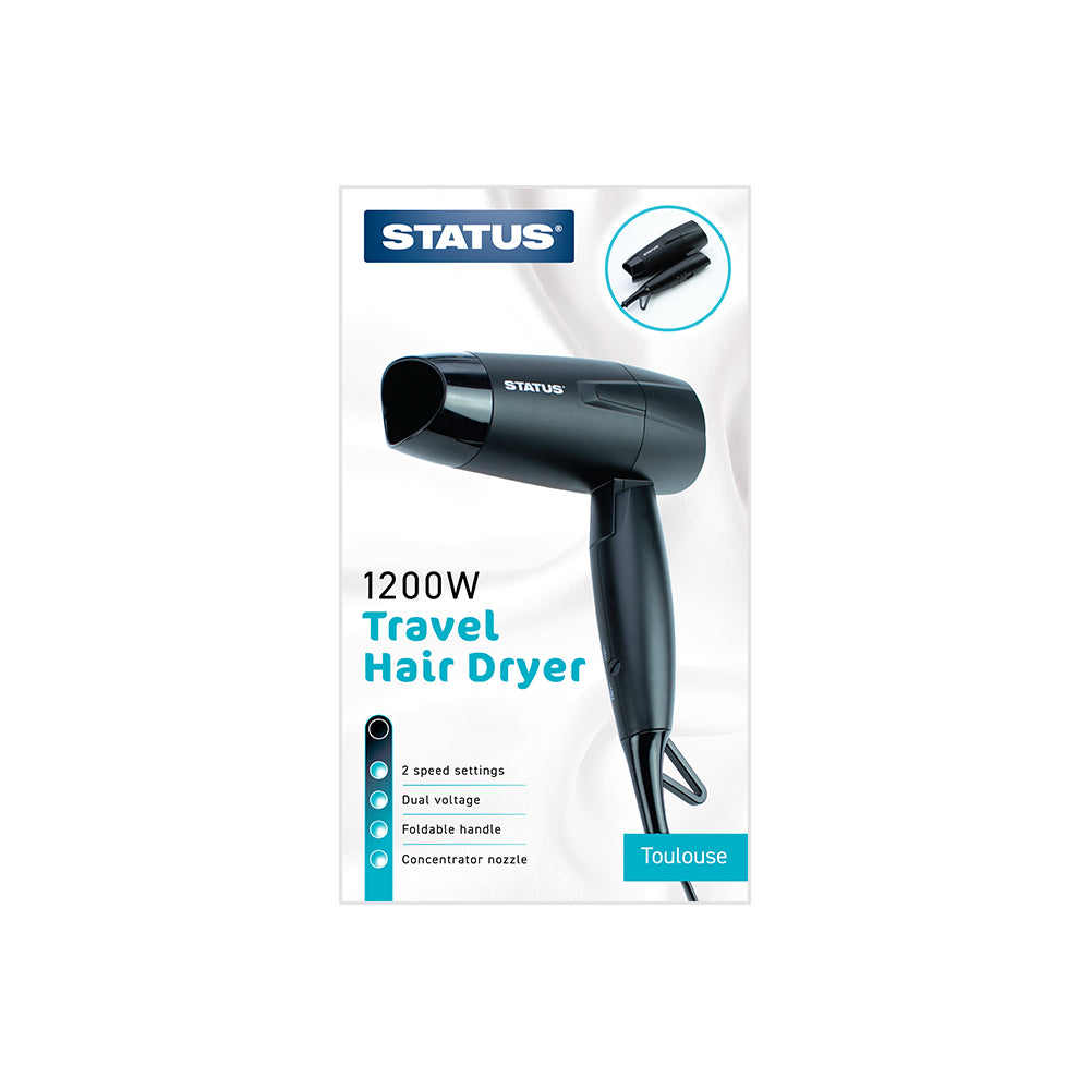 Toulouse - Black - 1200w - Hairdryer - Travel - 2 Speed - DC Motor - 1 pk - in Glossy Retail Box