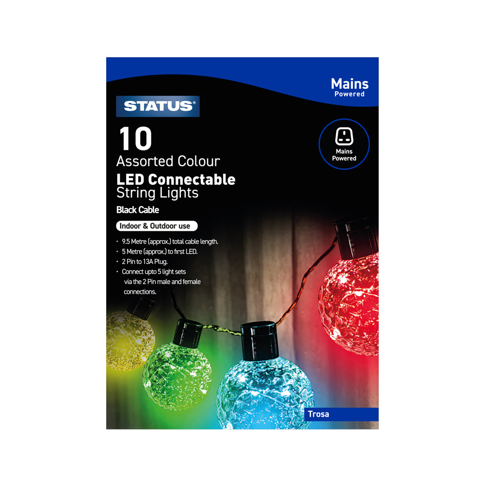 Trosa - 10 Connectable Party Lights - Multi Coloured - LED - Indoor/Outdoor Use - Mains Powered - Black Cable - 5 Warm White micro LEDs Per Bulb - 5M Lead Total Length - 4.5M Light Length - 2 pin connector- IP44 Rated - 1 pack Glossy Box