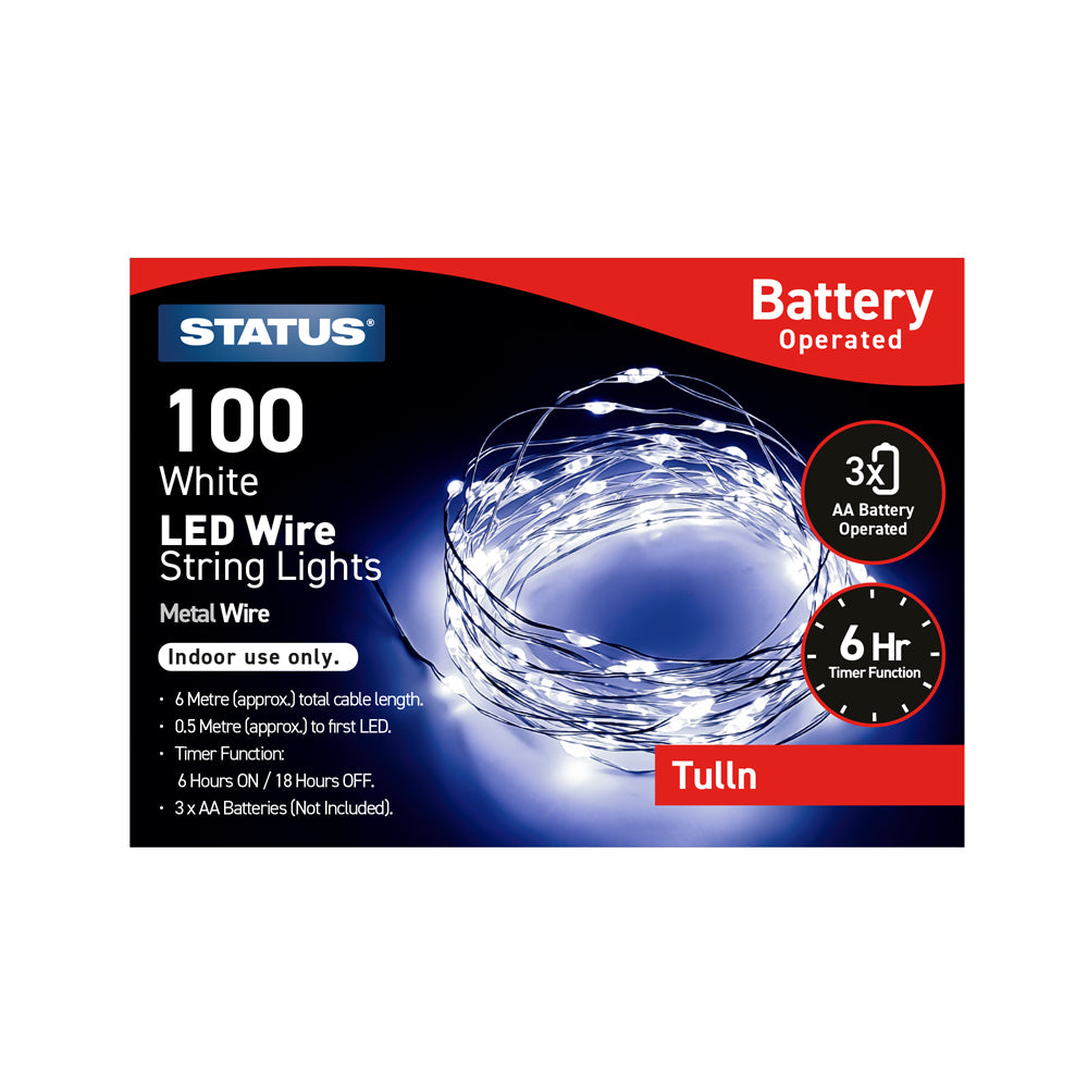 Tulln - 100 Micro - White - LED - Indoor - Battery Operated - Wire Lights - 8 Functions - 6 Hour Timer - Silver Cable - 6 Metre Total Cable Length - 1 Metre To First LED Light - IP20 Rated - 3 x AA Batteries (Not Included) - 1 Pack Glossy Box