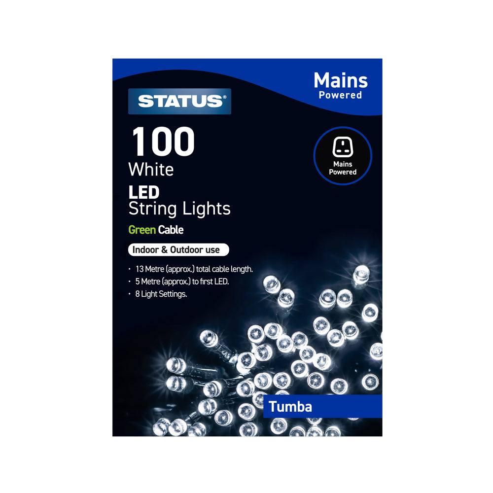 Tumba - 100 - White - LED - Indoor/Outdoor - Mains Powered - String Lights - 8 Functions - Green Cable - 13 Metre Total Cable Length - 5 Metres To First LED Light - IP44 Rated- 1 Pack Glossy Box