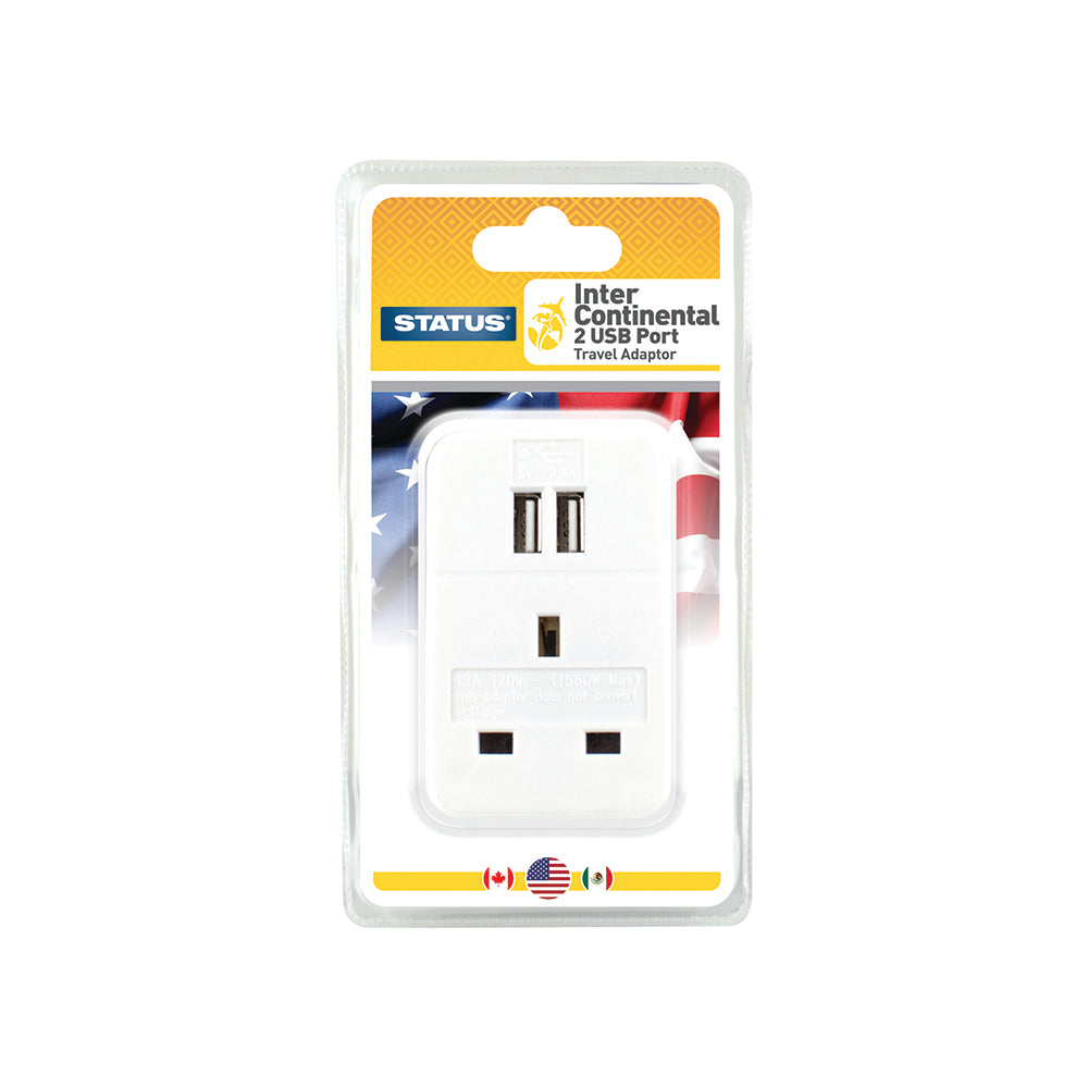 U.S.A. - Intercontinental Adaptor - 1 way - 2 x USB Charging Ports - 1 pk - Colour Box