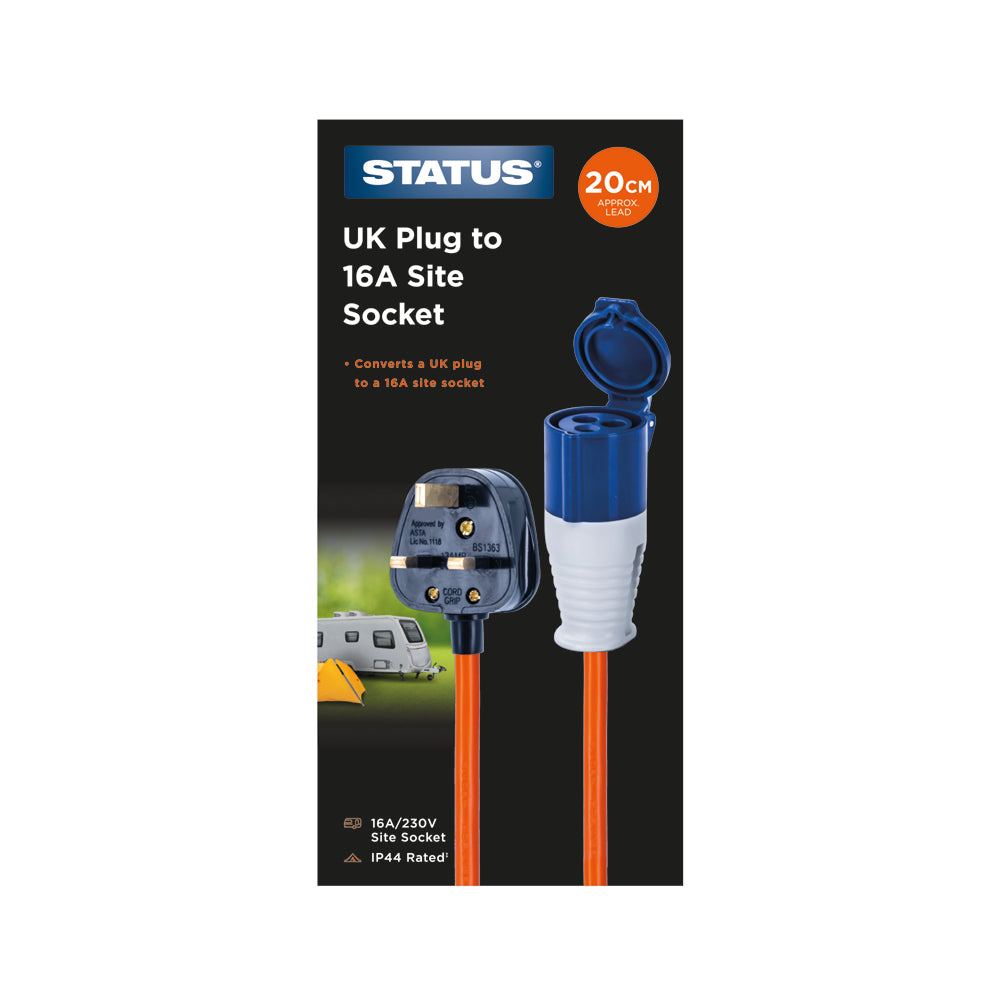 UK 13 Amp BS Plug to 16 Amp Mains Round 3 Pin Socket - 20cm Orange Cable - Conversion Hook Up Lead - 230v - IP44 - 1pk Box