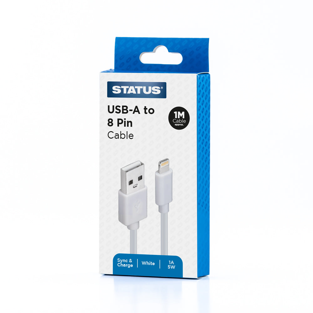 USB A to 8 Pin Sync and Charge Cable - 1 Amp - 5w - 1 Mtr - White PVC - 1 pk Box