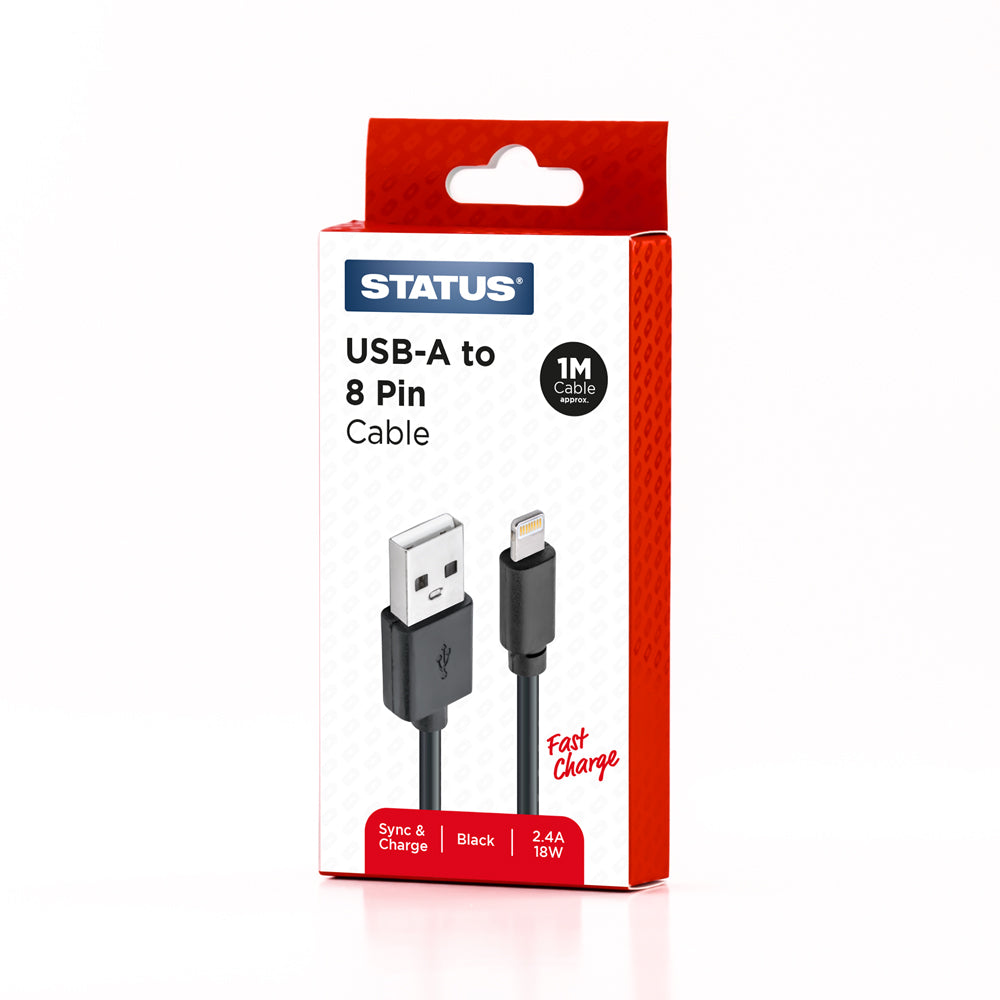 USB A to 8 Pin Sync and Charge Cable - Fast Charge - 2.4 Amp - 18w - 1 Mtr - Black PVC - 1 pk Box