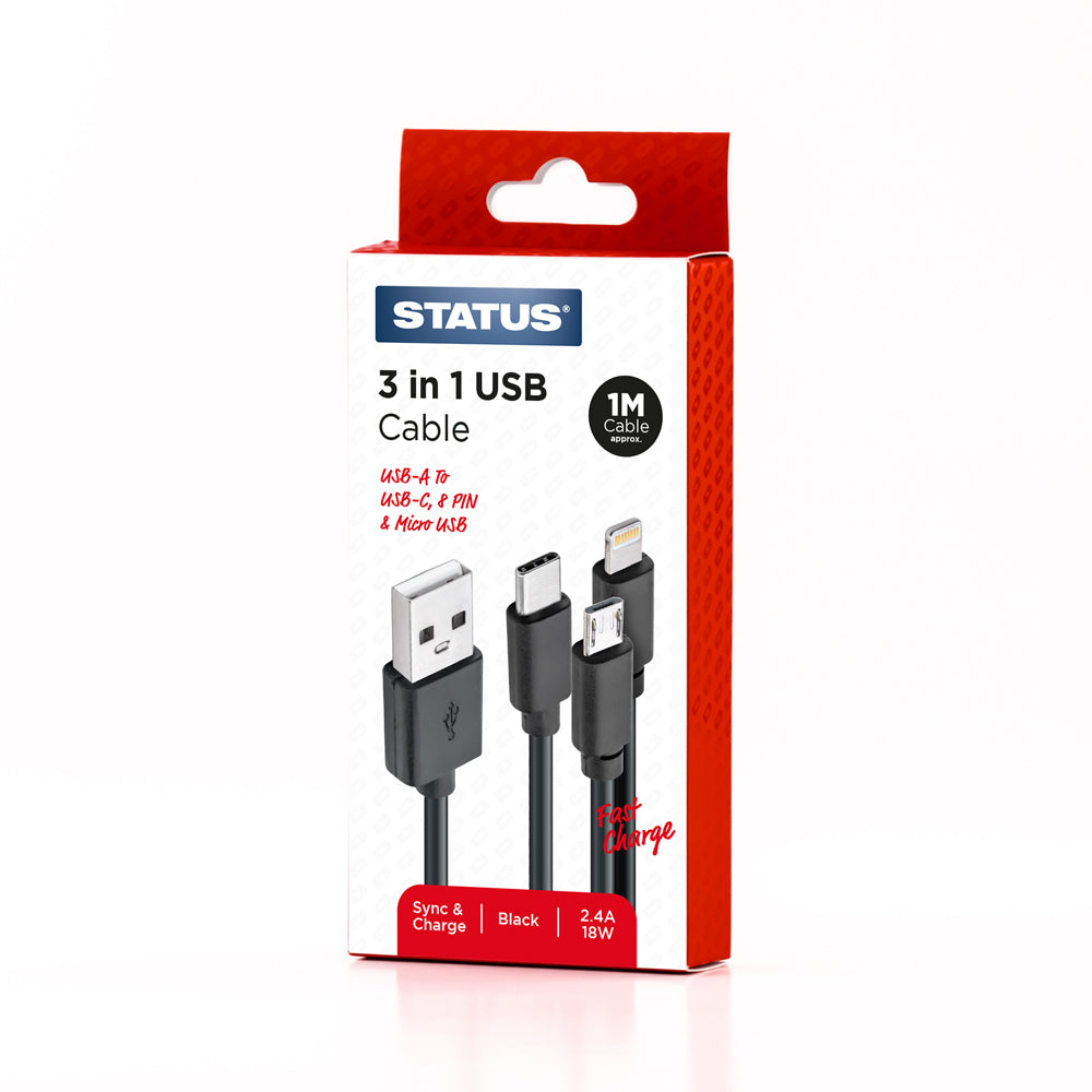 USB A to USB C 8 Pin or USB Micro Sync and Charge Cable - Fast Charge - 2.4 Amp - 18w - 1 Mtr - Black PVC - 1 pk Box