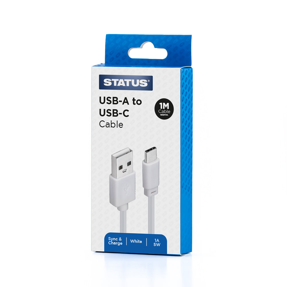 USB A to USB C Sync and Charge Cable - 1 Amp - 5w - 1 Mtr - White PVC - 1 pk Box