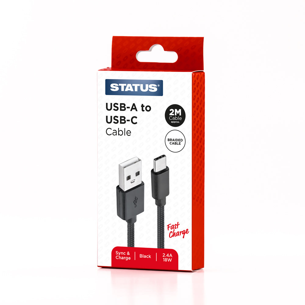 USB A to USB C Sync and Charge Cable - Fast Charge - 2.4 Amp - 18w - 2 Mtr - Black Braided - 1 pk Box