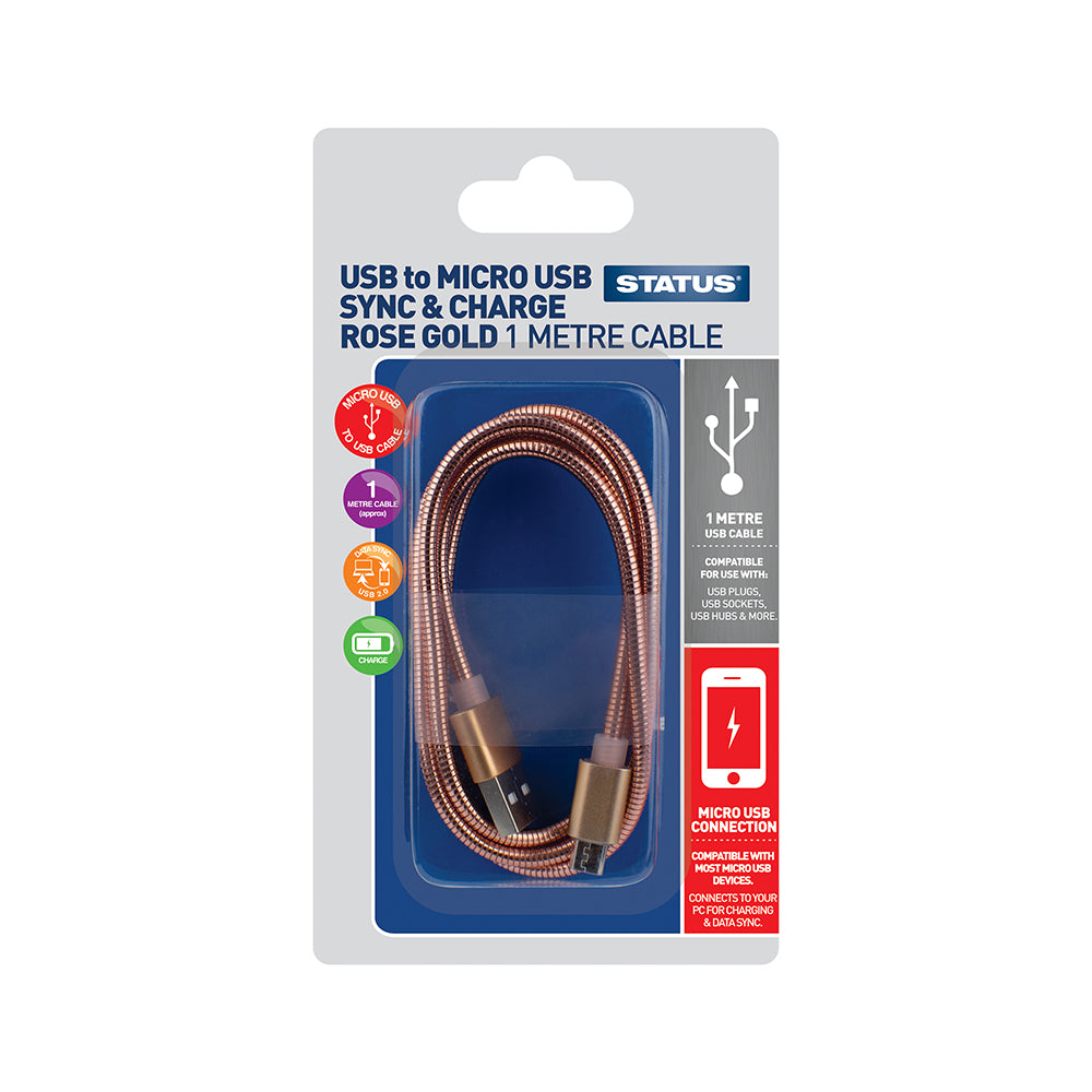 USB A to USB Micro Sync and Charge Cable - 1 Amp - 9w - 1 Mtr - Rose Gold Metal - 1 pk Box