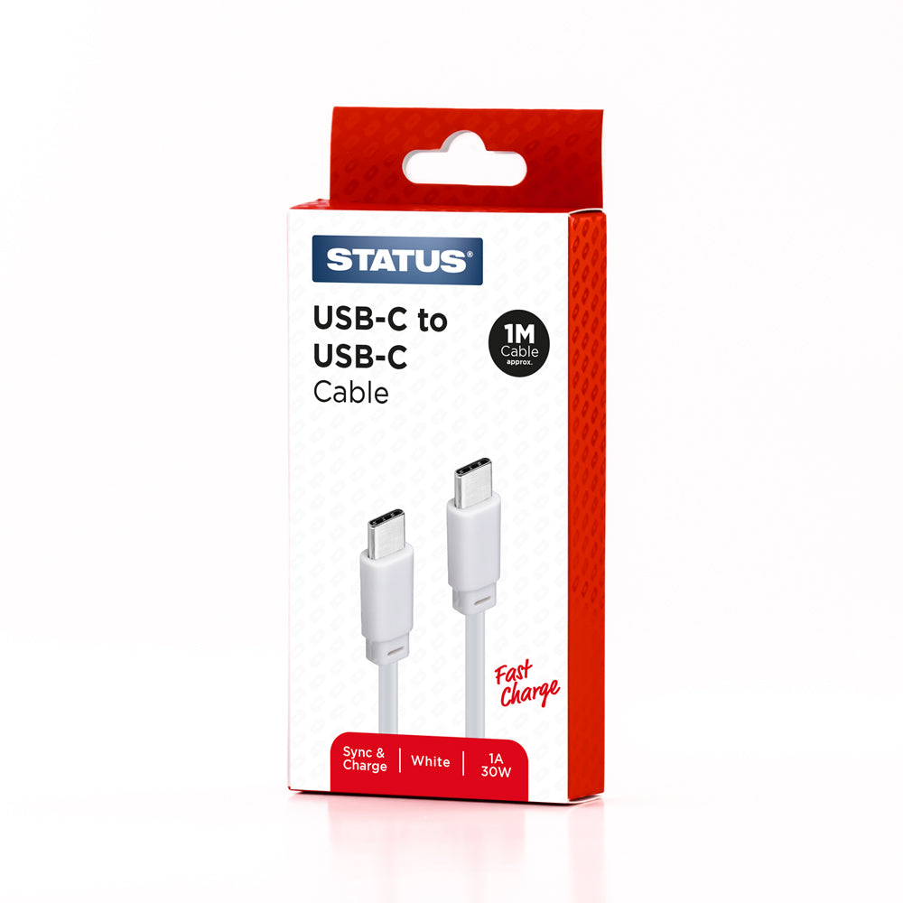 USB C to USB C Sync and Charge Cable - Fast Charge - 1 Amp - 30w - 1 Mtr - White PVC - 1 pk Box