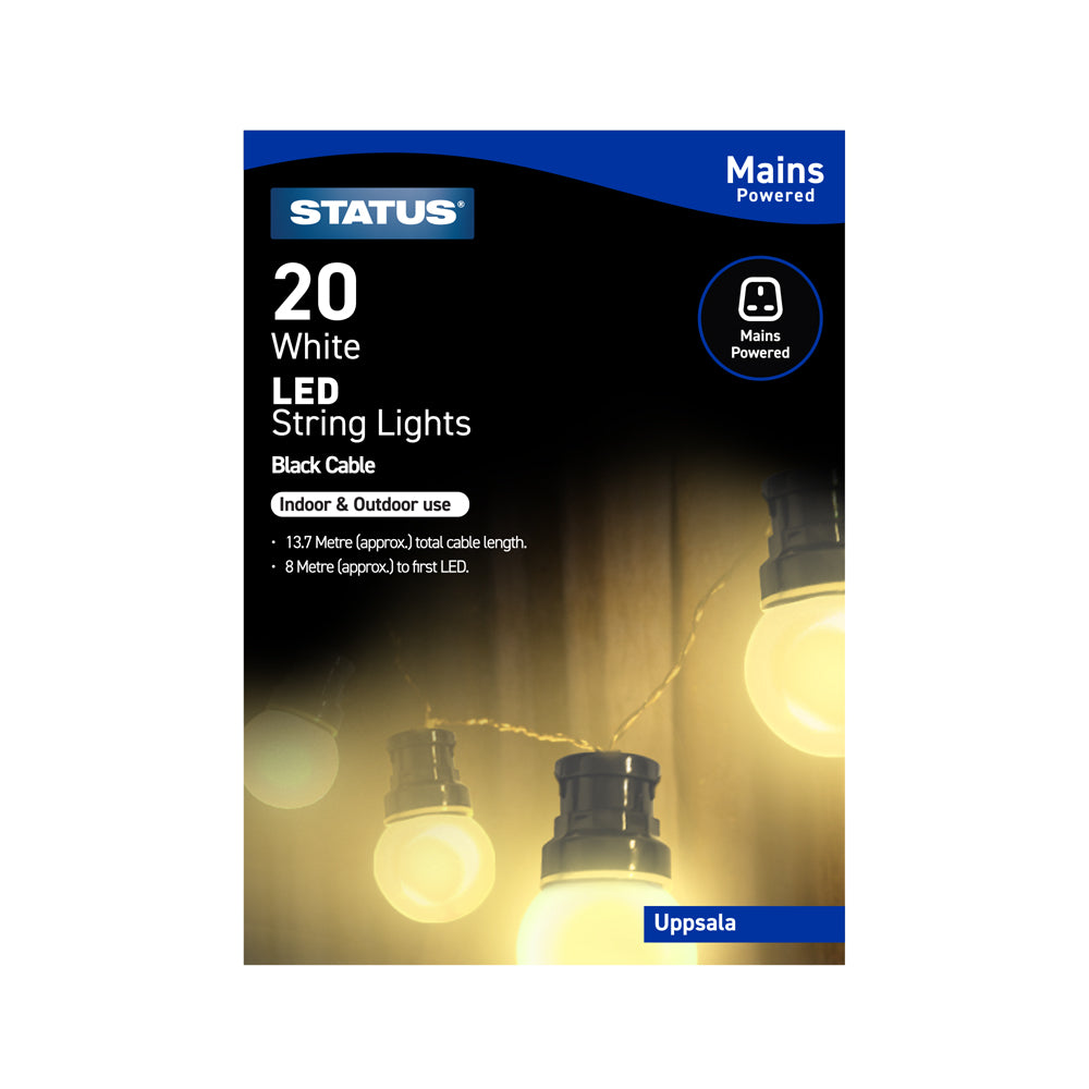 Uppsala - 20 - LED - Cool White - Frosted - Indoor/Outdoor - Mains Powered - Party Lights - 8 Function - Black Cable - 13.7 Metre Total Cable Length - 8 Metres To First LED Light - 1 Pack Glossy Box