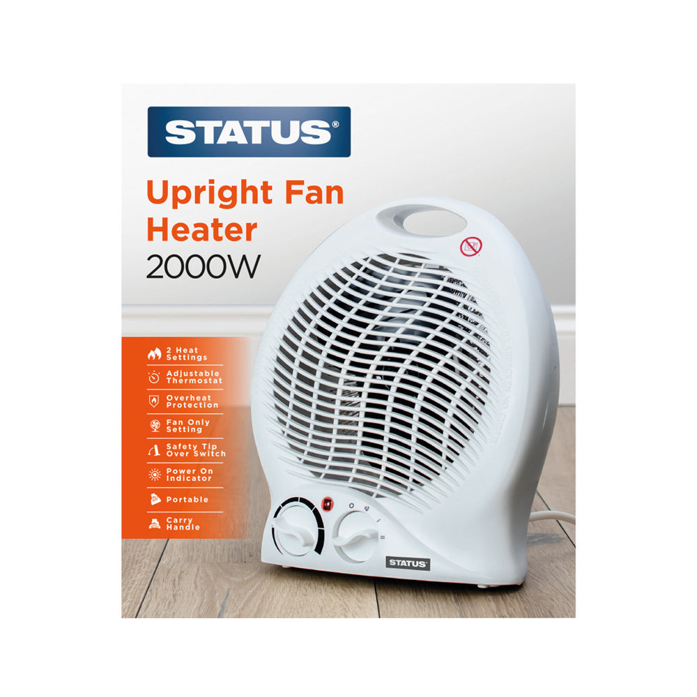 Upright Fan Heater - 2000w - White - 2 Heat Settings - with Adjustable Thermostat - 1 pk - in Glossy Retail Box - 6pk per Outer Case