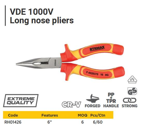 VDE 1000V LONG NOSE PLIERS 160MM