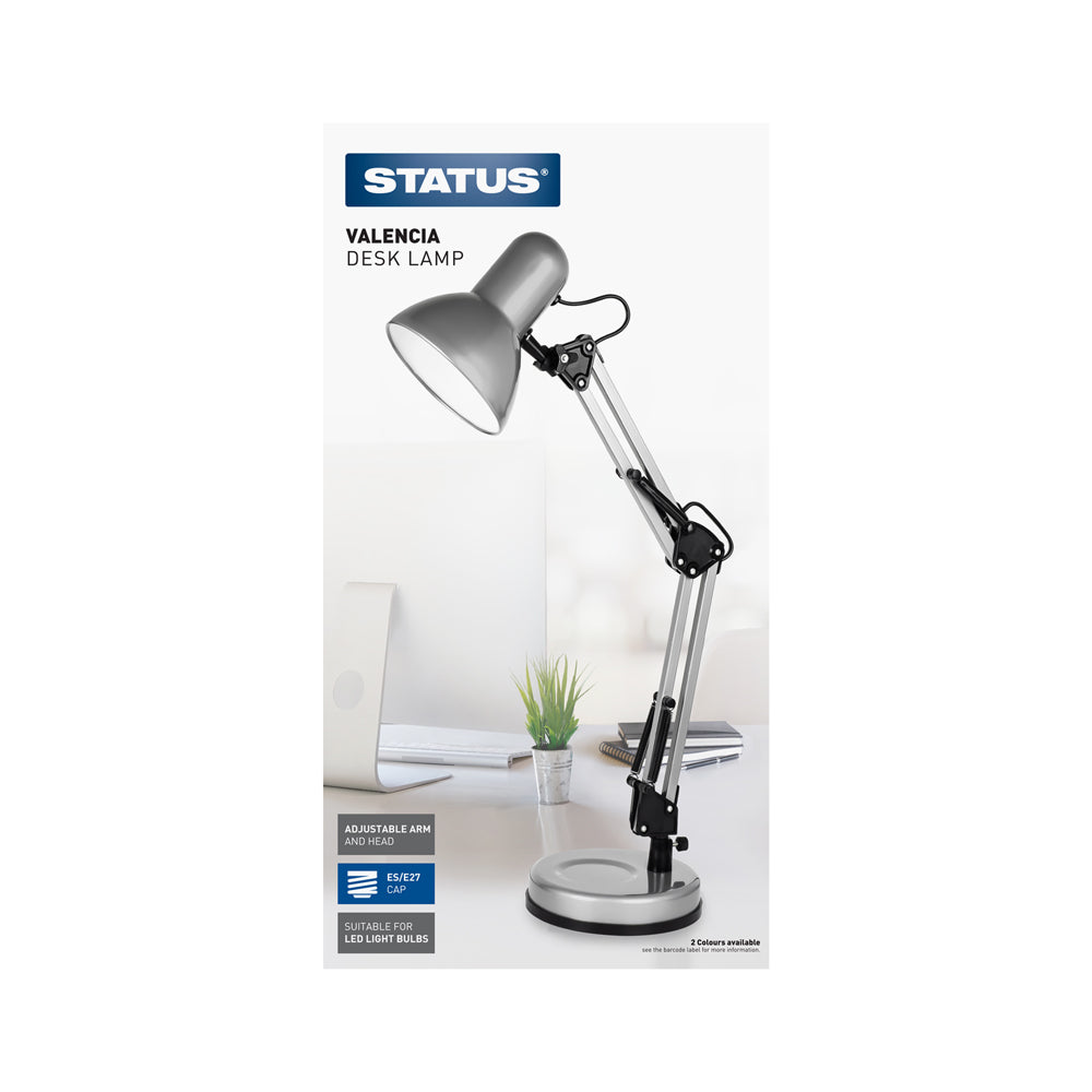 Valencia - Silver - Angled Desk Lamp - E27 - 1 pk - in Glossy Retail Box