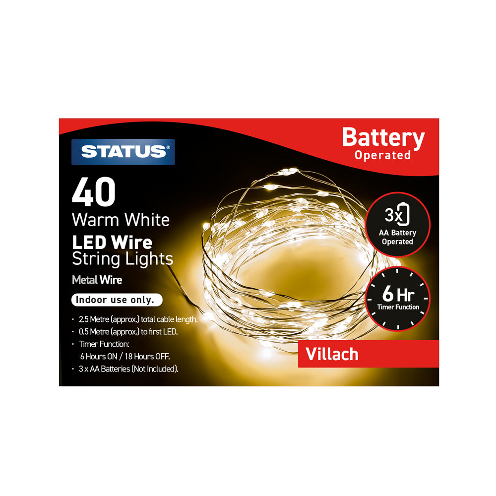 Villach - 40 Micro- Warm White - LED - Indoor Use - Battery Powered - Wire Lights - Silver Cable -0.5M Lead Length - 2M Light Length - Timer - IP44 Rated - 1 pack Glossy Box