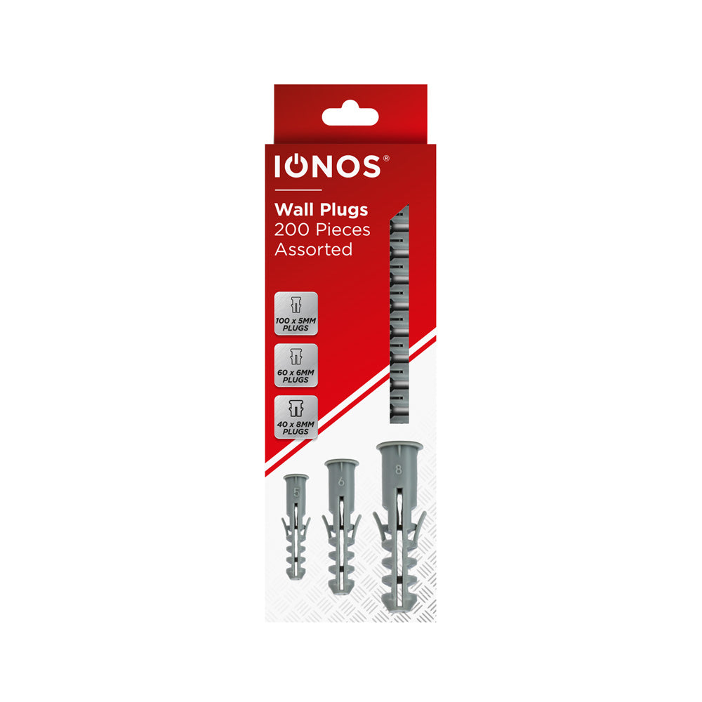 Wall Plugs - 200pcs - 100x5mm/60x6mm/40x8mm - grey - boxed - tamper sealed - Ionos - 1pk