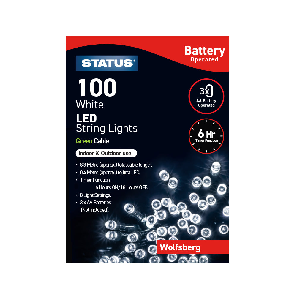 Wolfsberg - 100 - White - LED - Indoor/Outdoor - Battery Operated - String Lights - 8 Functions - 6 Hr Timer - Green Cable - 8.3 Metre Total Cable Length - 0.4 Metres To First LED Light - IP44 Rated - 3 x AA Batteries (Not Included) - 1 Pk Glossy Box