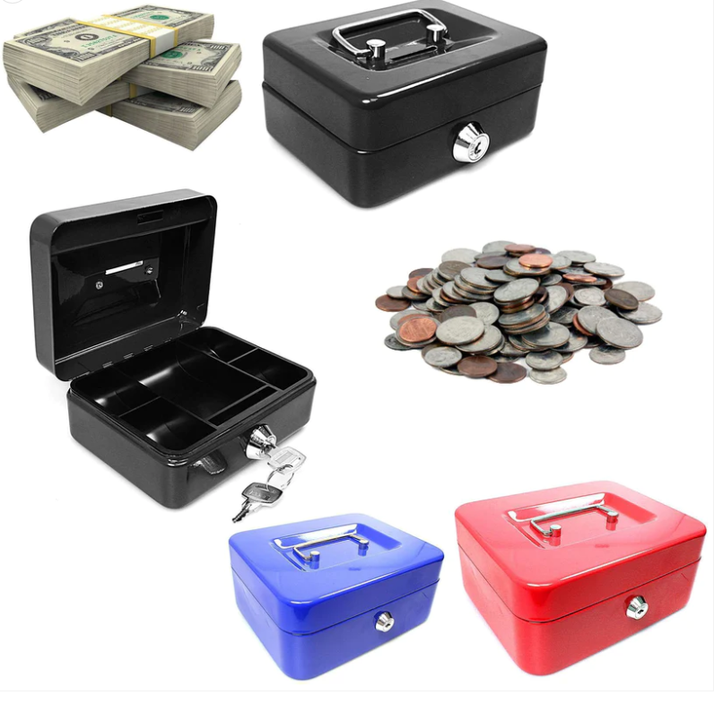 6'' Blue Black Red Cash Deposit Box Metal Security Money Bank With Tray & 2 Keys (24 pcs)
