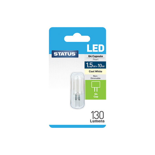 1.5w = 10w = 100 lumens - LED - G4 - 12v - Cool White - 1 pk - in a Trapped Blister - in White CDU
