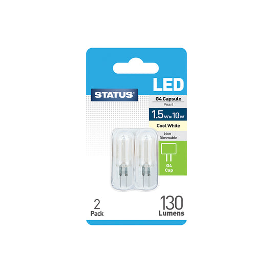 1.5w = 10w = 100 lumens - LED - G4 - Cool White -12v non dimmable - 2 pk - in a Trapped Blister - in brown box