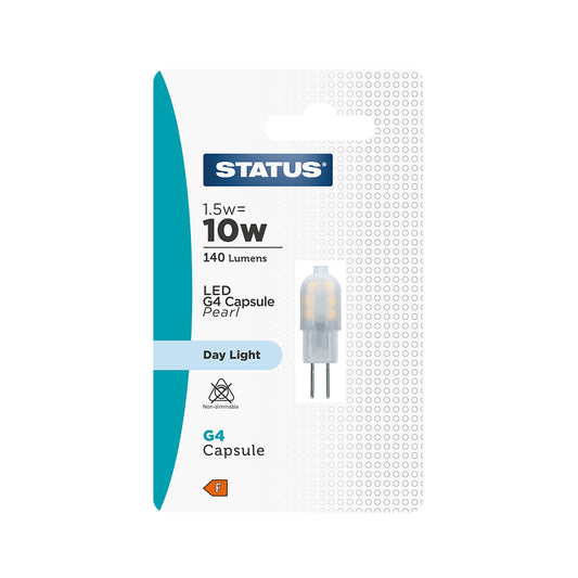 1.5w = 10w = 140 lumens - LED - G4 - 12v - Day Light - non dimmable - 1 pk - in a Trapped Blister - in White CDU