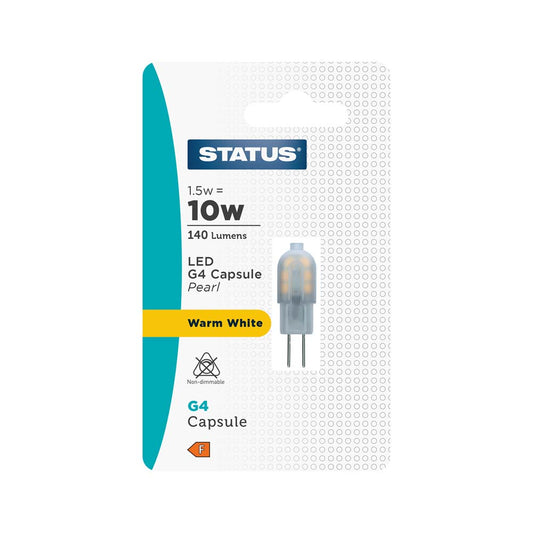 1.5w = 10w = 140 lumens - LED - G4 - 12v - Warm White - non dimmable - 1 pk - in a Trapped Blister - in White CDU