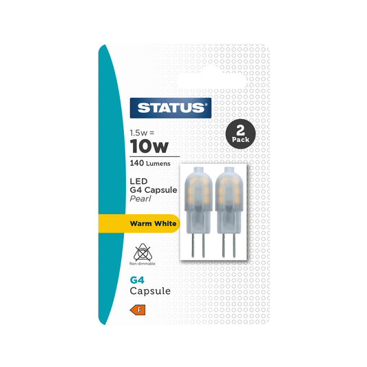 1.5w = 10w = 140 lumens - LED - G4 - 12v - Warm White - non dimmable - 2 pk - in a Trapped Box - in White CDU