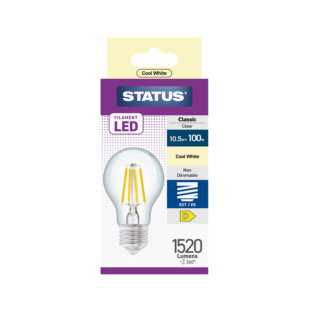 10.5w = 100w = 1521 lumens - Filament LED - A70 GLS - ES - Clear - Cool White - 1 pk box - in White CDU