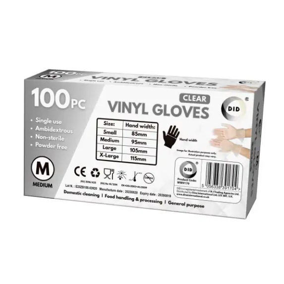 100pc Medium Powder Free Clear Vinyl Gloves