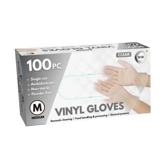 100pc Medium Powder Free Clear Vinyl Gloves