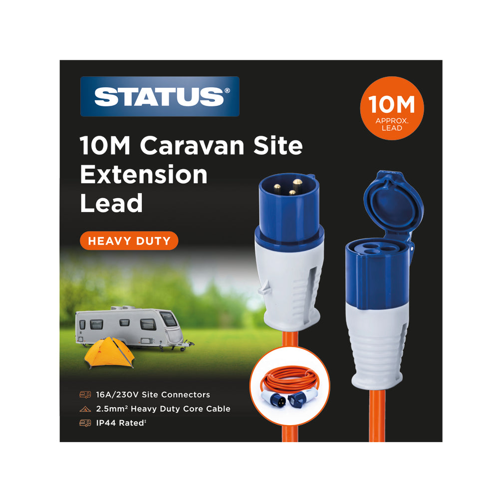 10M - 2.5mm - Heavy Duty - 16 Amp - Caravan and Motorhome Site Hook Up Extension Lead - Orange Cable - 230v - IP44- 1pk Box