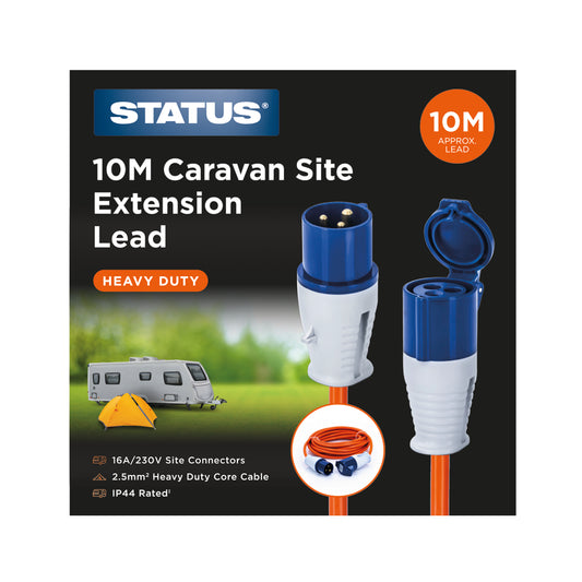 10M - 2.5mm - Heavy Duty - 16 Amp - Caravan and Motorhome Site Hook Up Extension Lead - Orange Cable - 230v - IP44- 1pk Box