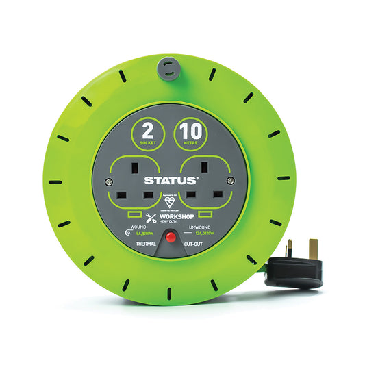 10 Mtr - 13 amp - 2 Socket Outlet with Thermal Cut Out - Green - Cassette Reel - 1 pk